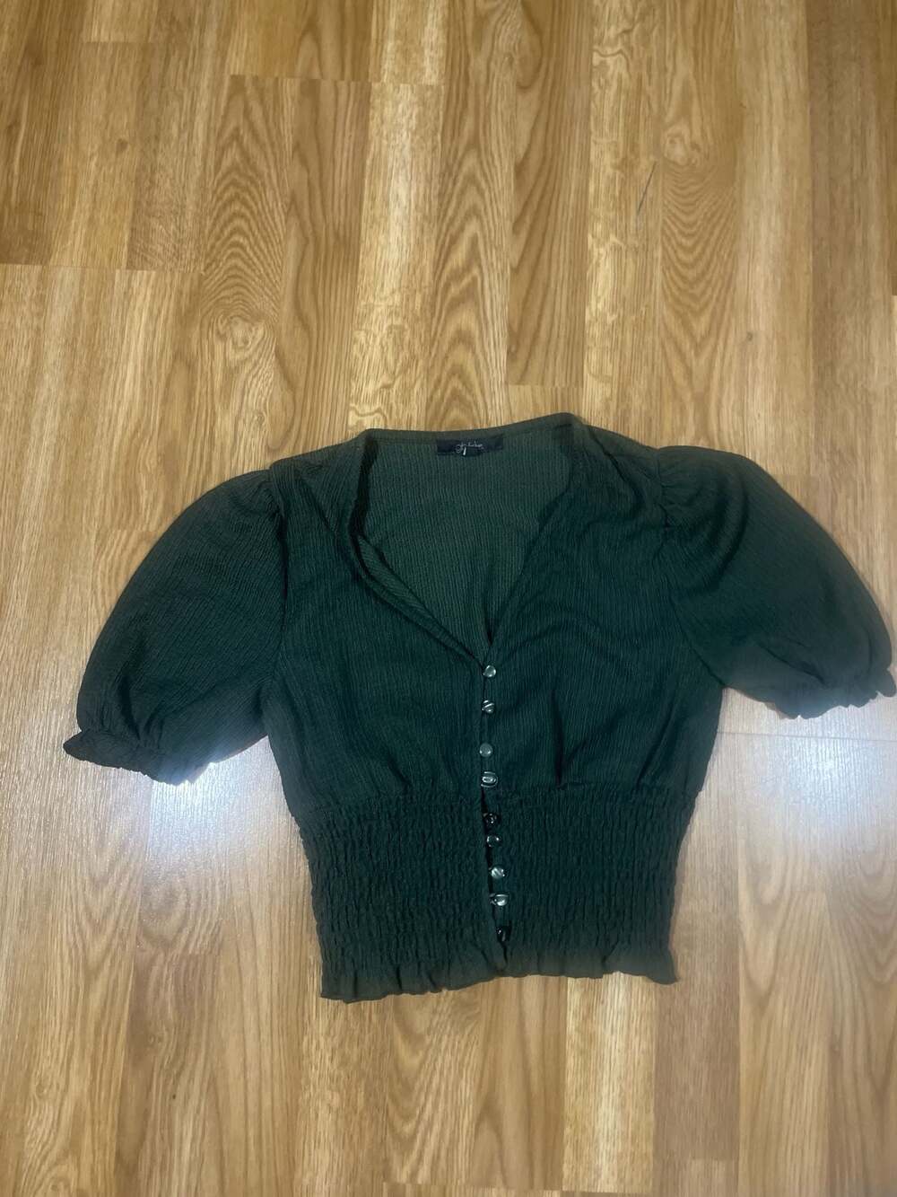 GB Fashion London Dark Green Smocked Puff Sleeve Button-Front Blouse